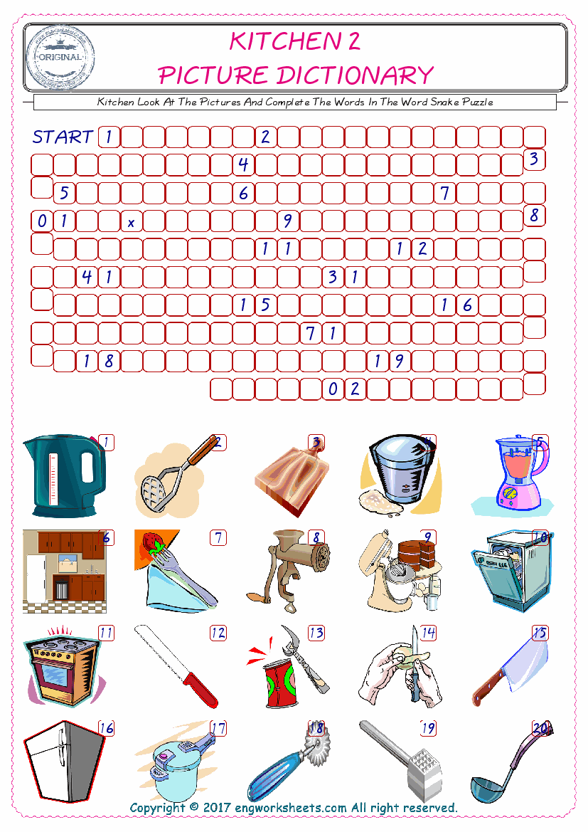  Check the Illustrations of Kitchen english worksheets for kids, and Supply the Missing Words in the Word Snake Puzzle ESL play. 